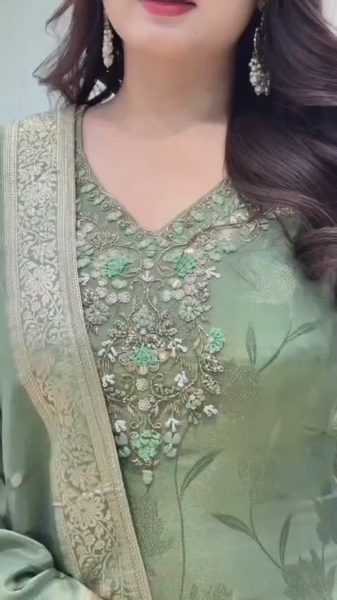 Sage Green Pure Malay Glass Tissue Kanjivaram Handwork Dupatta Set  with Jacquard Dupatta