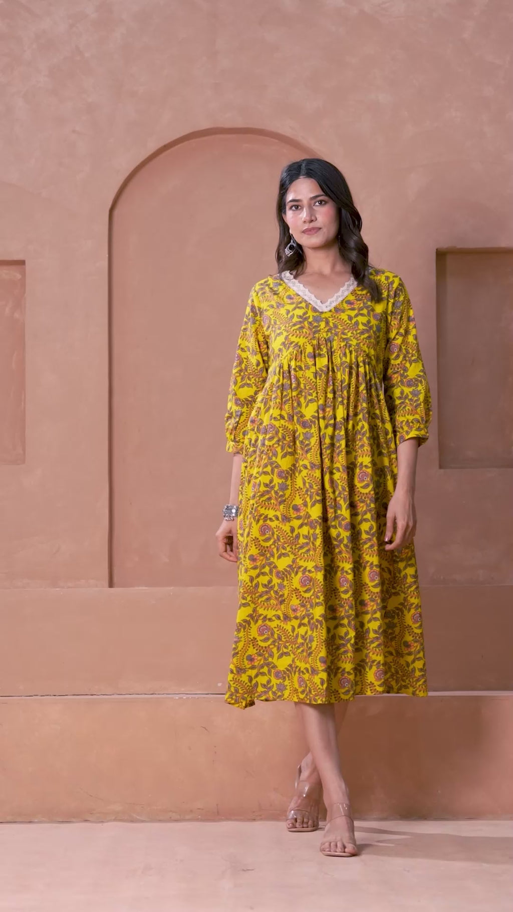 Majestic Divas Cotton Yellow Floral Printed Maternity Feeding Kurta Dress with Lace V-Neck & Dual Side Zippers