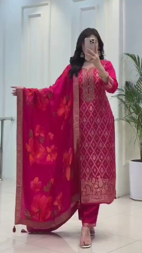 Wine Magenta Banarasi Silk Dupatta Set with Zari Work, Kurti & Pant