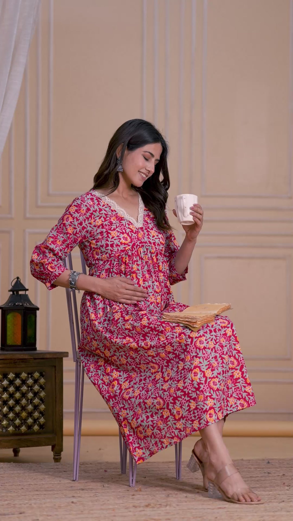 Majestic Divas Cotton Floral Red Maternity Feeding Dress with Lace V-Neck & Dual Side Zippers