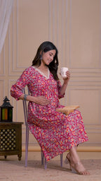 Majestic Divas Cotton Floral Red Maternity Feeding Dress with Lace V-Neck & Dual Side Zippers