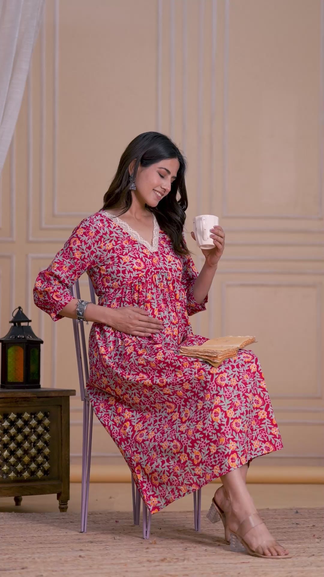 Majestic Divas Cotton Floral Red Maternity Feeding Dress with Lace V-Neck & Dual Side Zippers