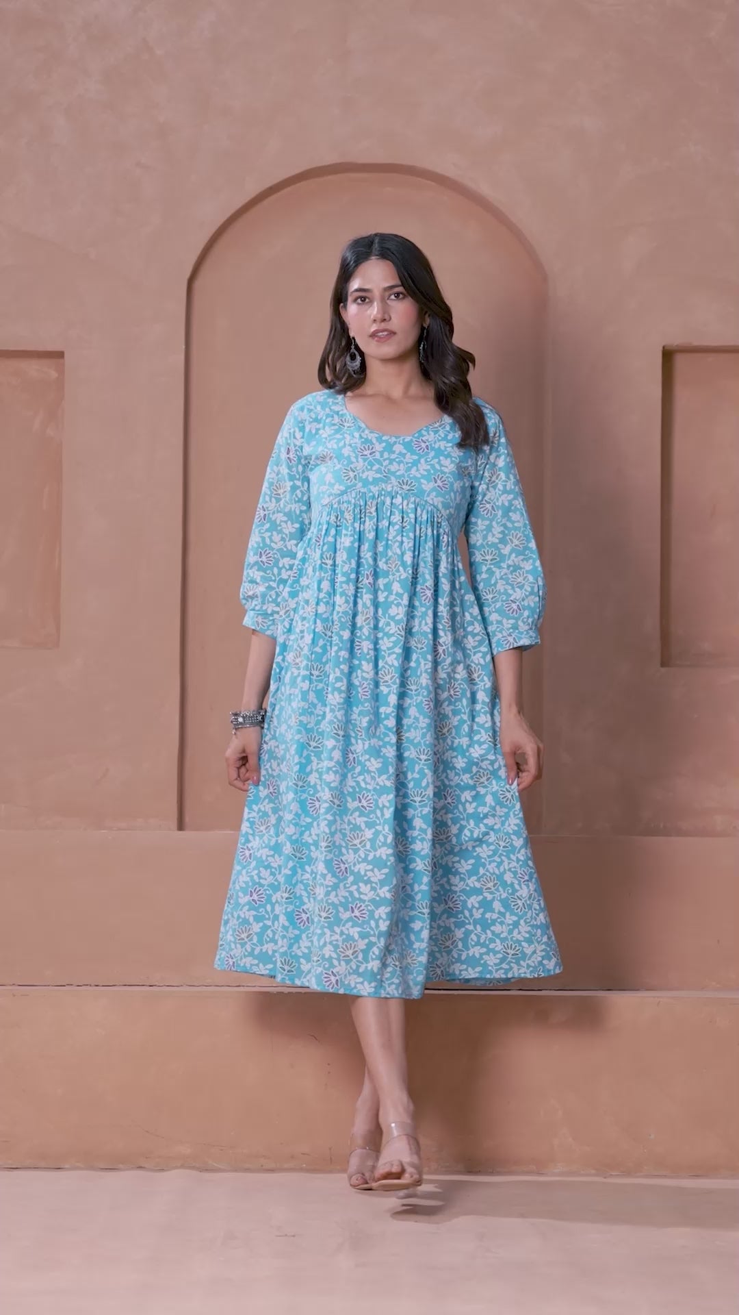 Majestic Divas Cotton Sky Blue Floral Printed Maternity Feeding Kurta Dress with Round Neck & Dual Side Zippers
